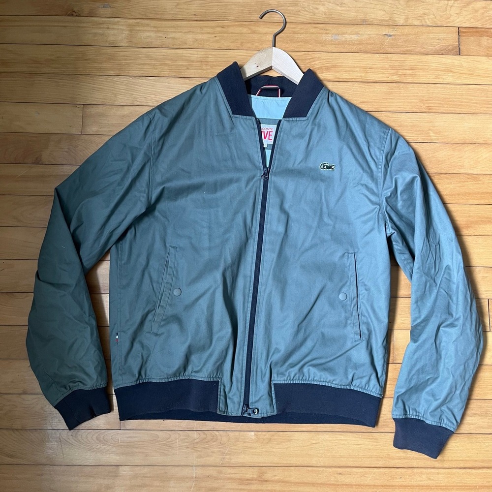 Lacoste LIVE Mens Bomber Jacket Sage Green Full Zip Size 56 XL Logo Patch